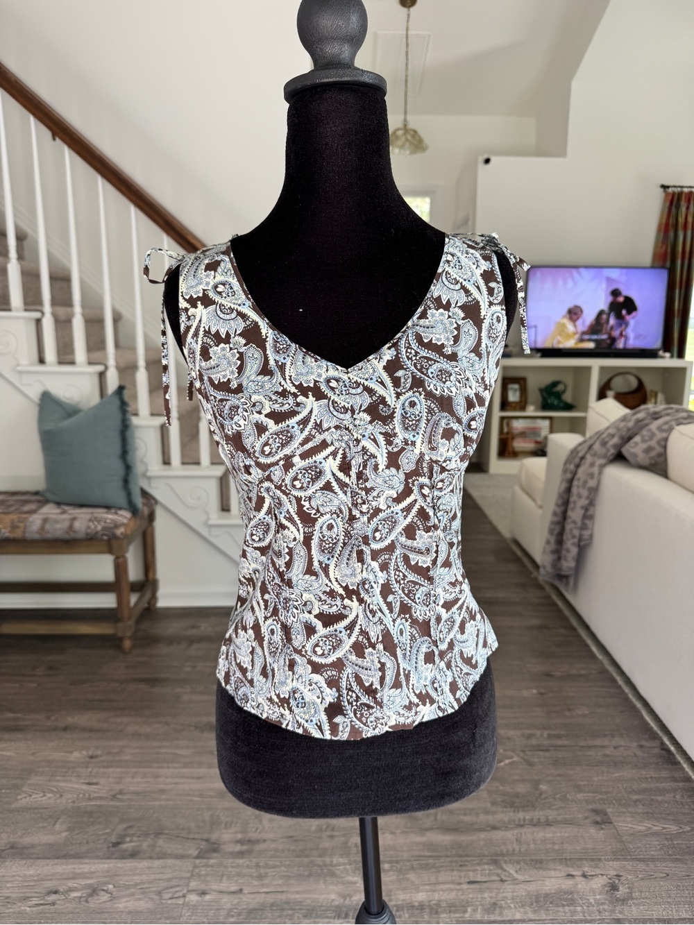 Ann Taylor Brown Tank Top with Light Blue Paisley Print and Tie Straps